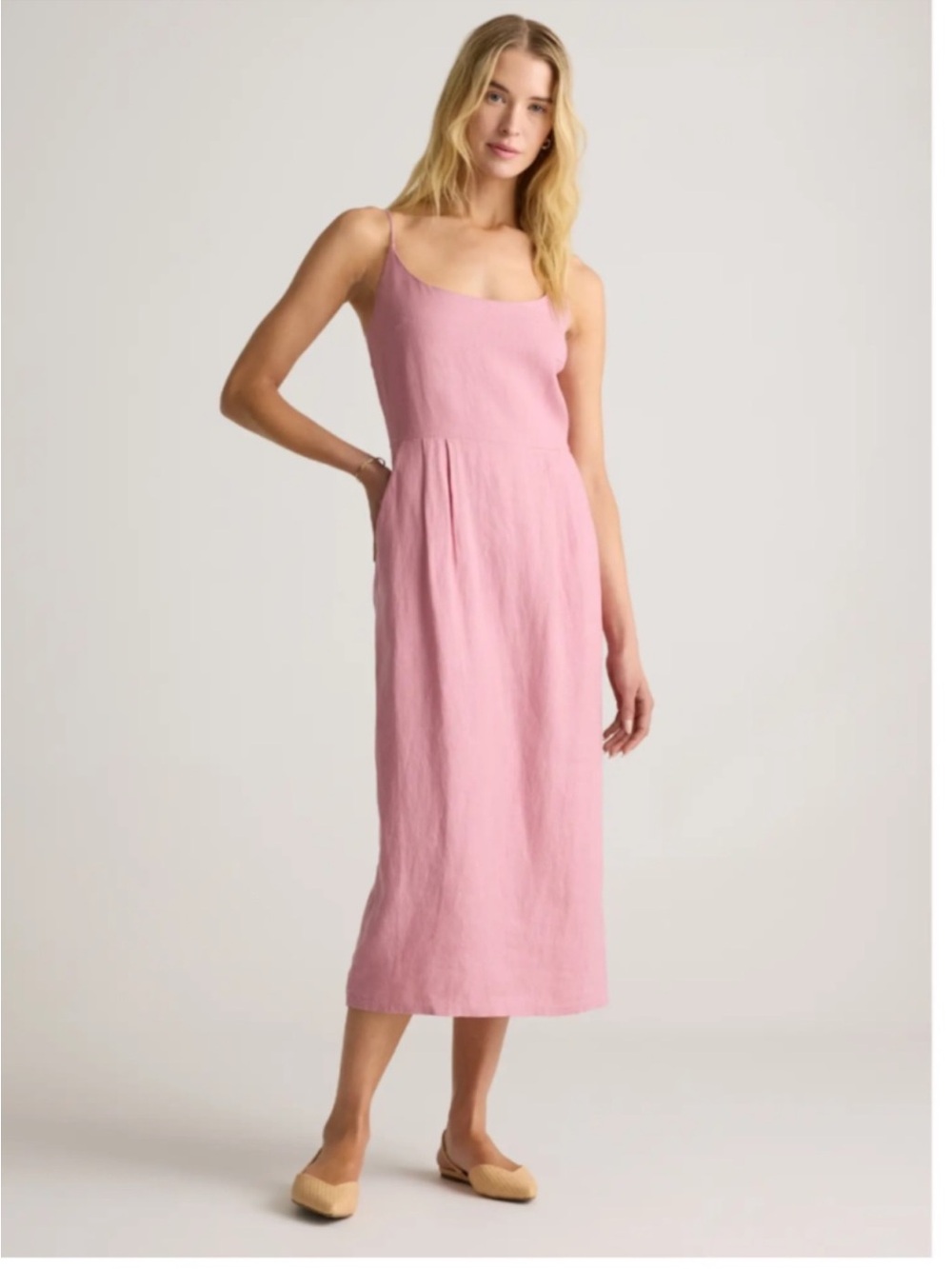Quince Pink Linen Midi Dress with Spaghetti Straps/ pockets!
